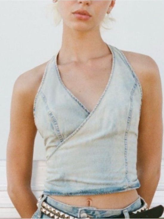 Zara Tops - Zara faded light Wash Denim Halter Wrap Top size small